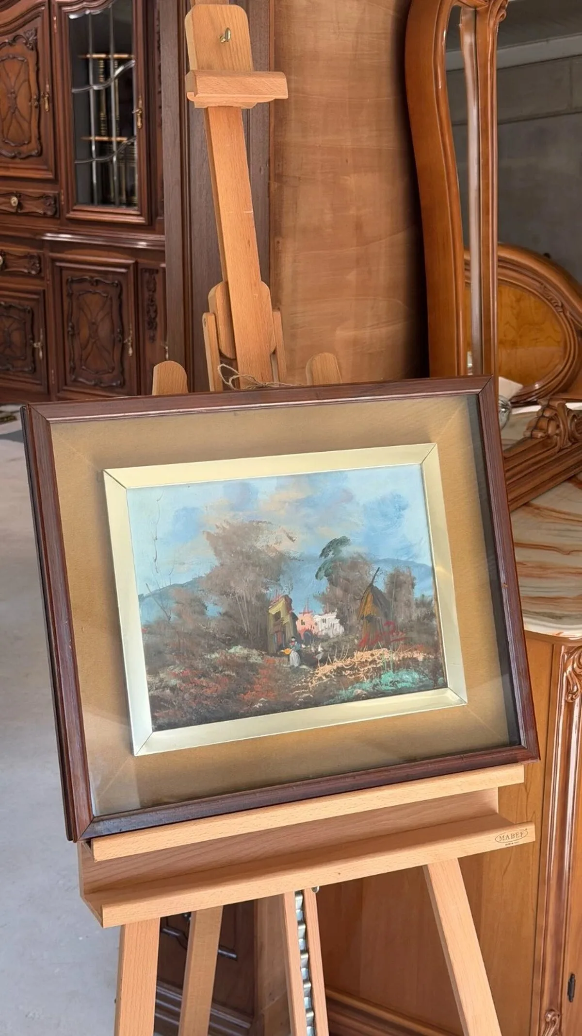 Pictură vintage de peisaj, cu casă și vegetație, în ramă din lemn sub sticlă